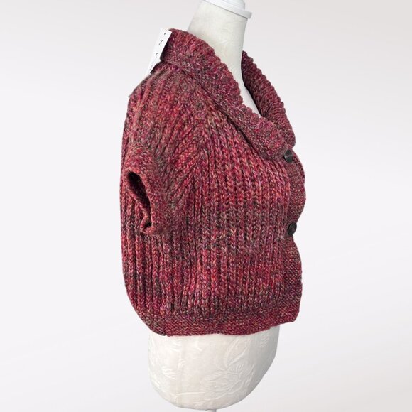 Cropped Chunky Knit Cardigan NWT Rowan Purelife Marled Red Short Sleeve S M - Picture 7 of 9